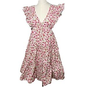 Aqua Floral Tiered Mini Dress Pink & White 100% Cotton Size XS Cottage Empire